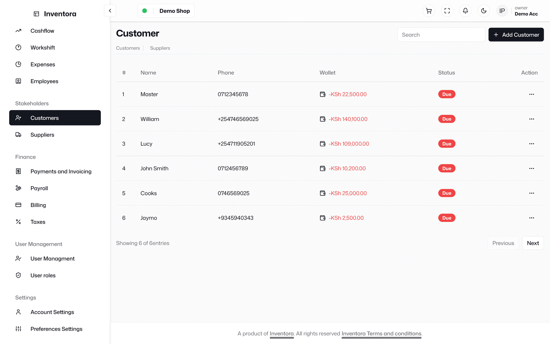 Inventora POS customer and supplier accounts with balances