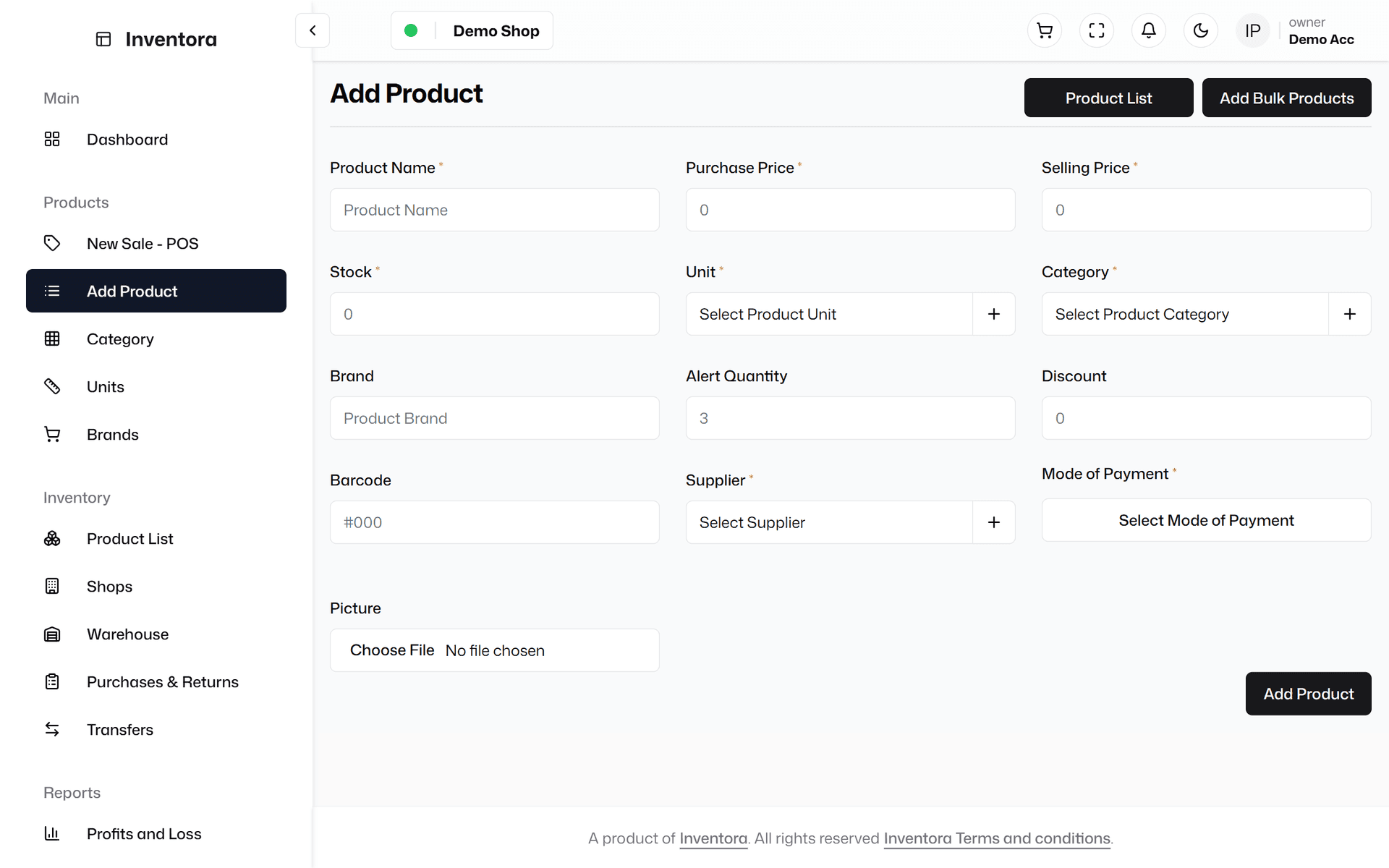 Inventora POS add product form for inventory setup