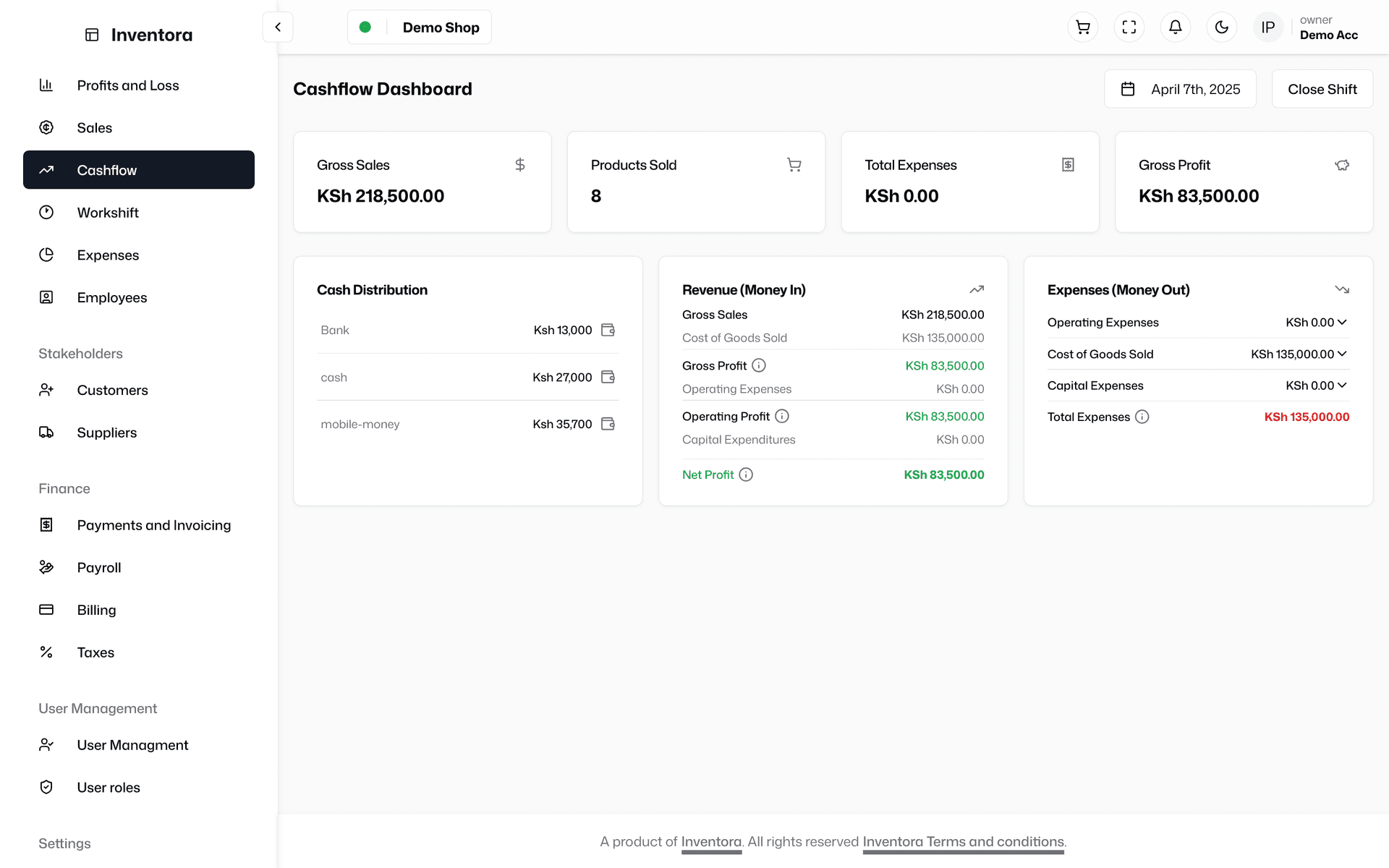 Inventora POS cashflow and business operations management dashboard
