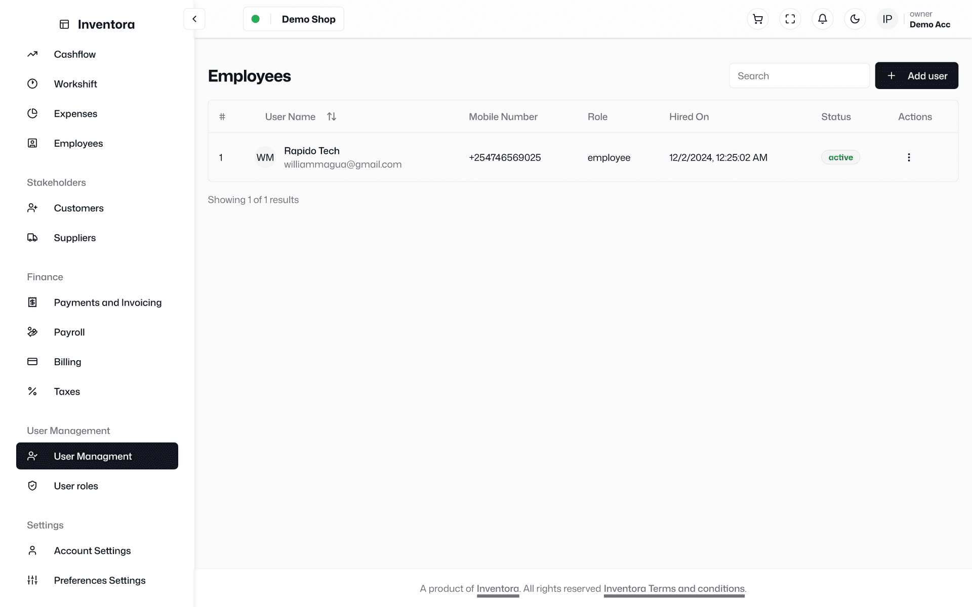 Inventora POS staff, shift and attendance management dashboard