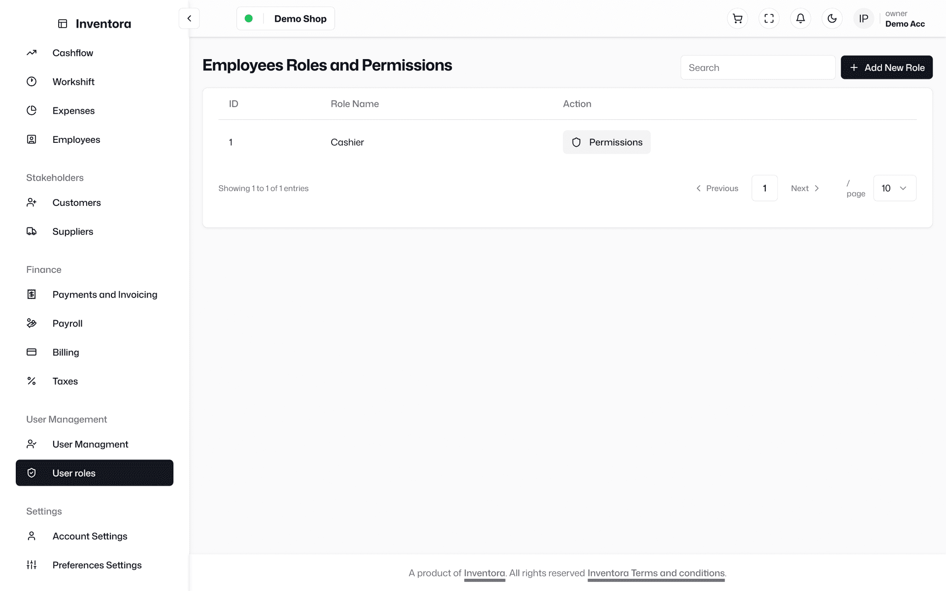 Inventora POS role-based access control and employee permissions settings