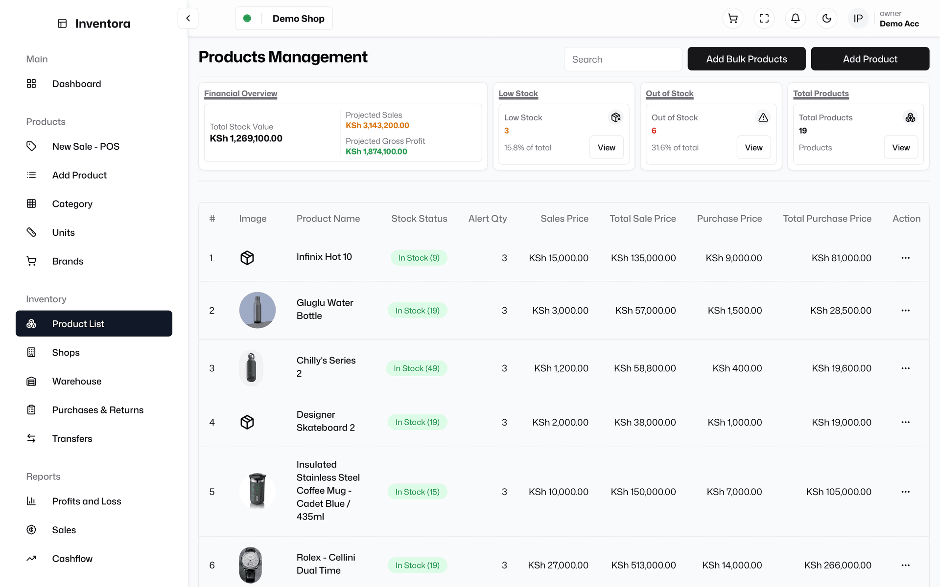 Inventora POS real-time inventory and products management screen