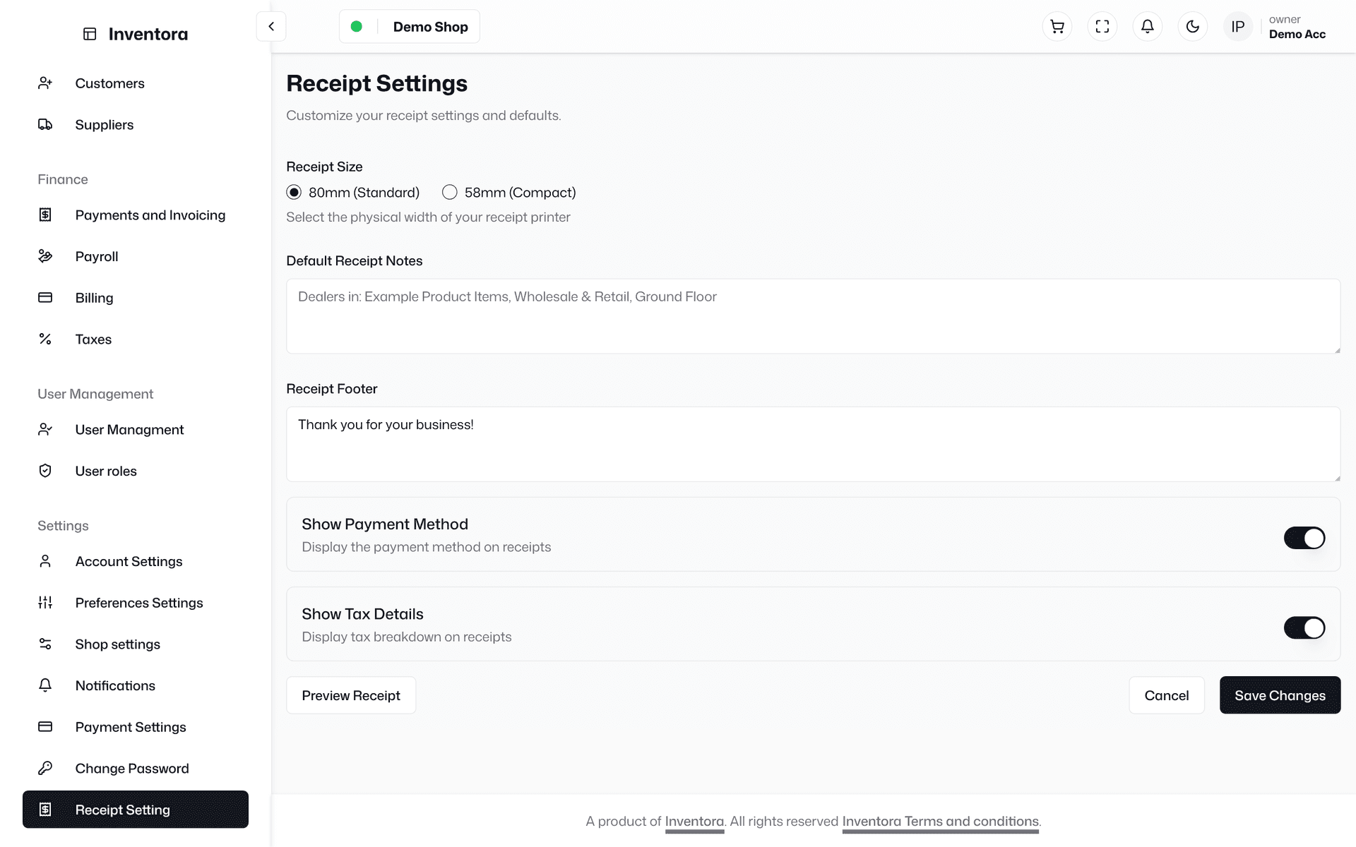 Inventora POS receipt settings with logo, tax details and footer